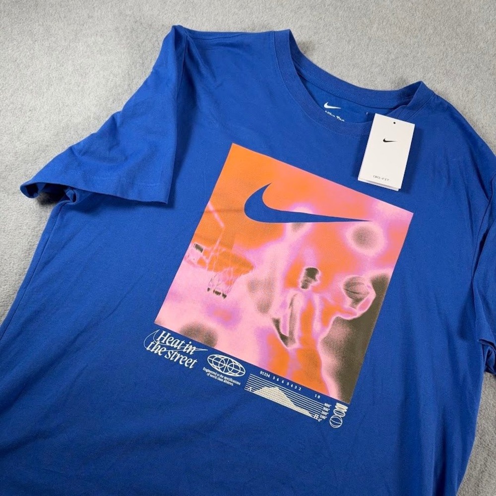 Nike Graphic T-Shirt Mens XL Blue Heat in the Street Basketball Dri-FIT NWT